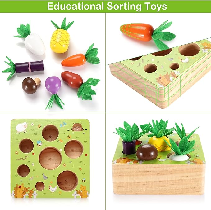 Montessori Toys Baby Easter Toys for 1 2 3 Year Old, Farm Harvest Game Wooden Toys, Educational Learning Toys, Shape Size Sorting Puzzles for Boys Girls, Perfect Easter Birthday Gift Toys