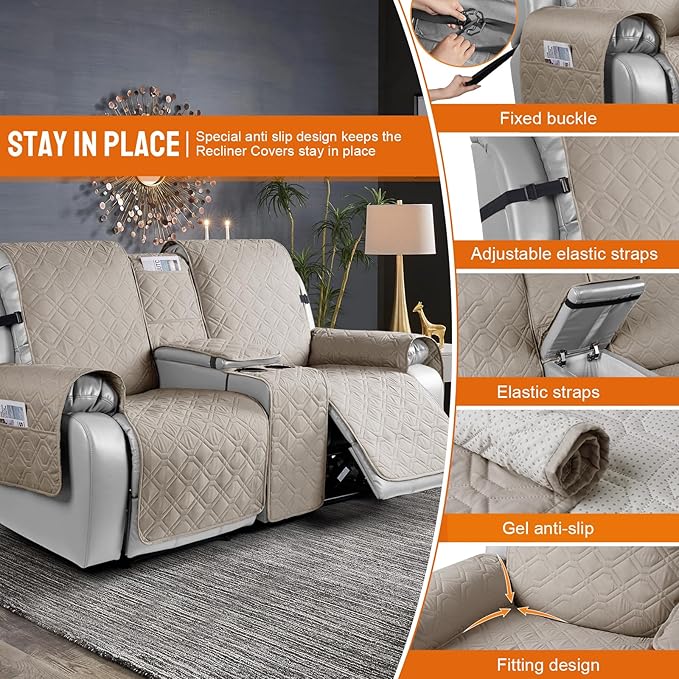 VANSOFY Loveseat Recliner Cover with Console 100% Waterproof Sofa Slipcovers Non-Slip Reclining Couch Cover Split Sofa Covers Furniture Protector for Pets, Dogs(Khaki)