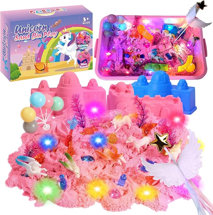GAIETYDIY Unicorn Magic Sand Kit for Girls, Sensory Bins for Toddlers with LED Light, 2.2lbs Sensory Sand, Castle Decoration, Sandbox with lid, Unicorn Play Set, Beach Toy Gift for Kids 3 4 5 6 7 8…