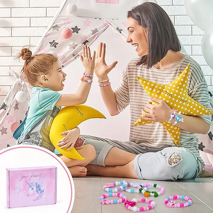 G.C 24 Pcs Girls Bracelets Jewelry for Kids Cute Unicorn Mermaid Animal Pendant Colorful Wooden Beaded Bracelets Princess Pretend Play Gifts for Toddlers