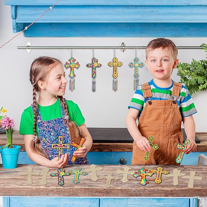 gisgfim Easter 16 Pack Cross Wind Chime Crafts Kits for Kids Make Your Own Sunday School Craft Christian Crafts Wooden DIY Arts for Party School Classroom Decorations Supplies Birthday Favors