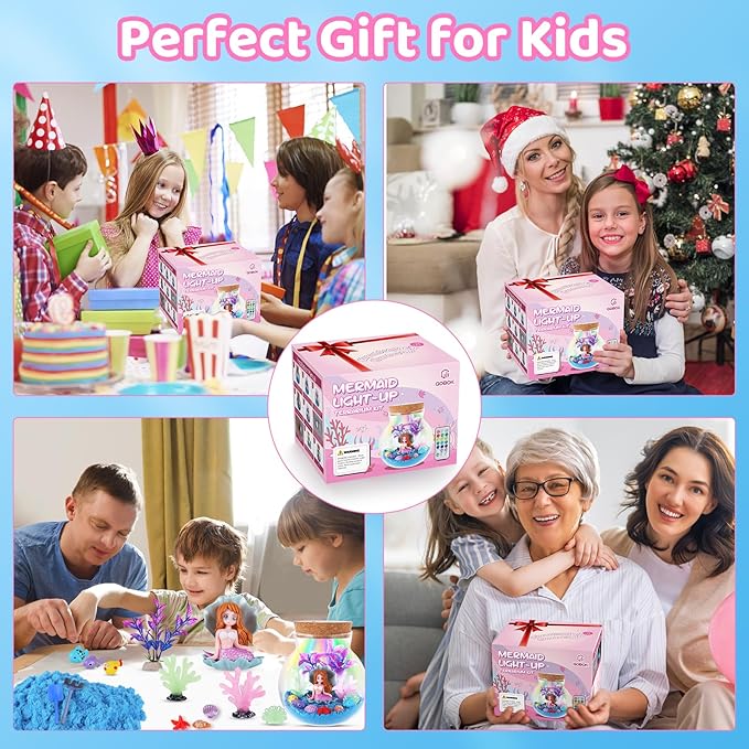 Kids Mermaid Terrarium Crafts Kit, Remote Control 13-in-1 LED Night Light Up Color, Mermaid Birthday Gifts Toys for Girls, DIY Mermaid Arts Toys Gifts for Girls Ages 4 5 6 7 8 9 10 11 12 Year Old
