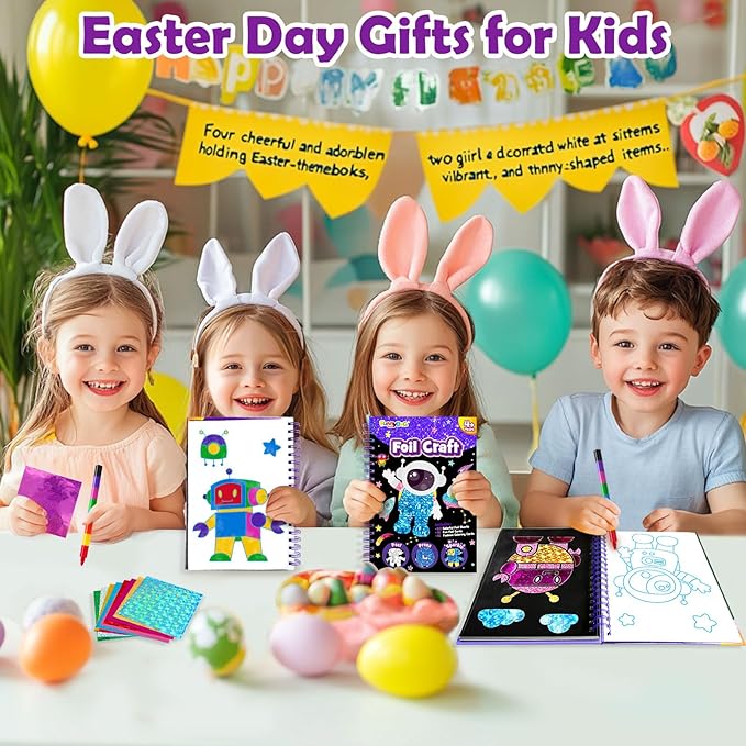 Foil Art Craft Activity for Kids: Fun DIY Toy Sticker Kit, No Mess Creative Travel Supply Set, Idea Birthday Easter Basket Stuffers Valentines Gift for Girl Boy Toddler 4 5 6 7 8 9 Year Oldļ¼Spaceļ¼