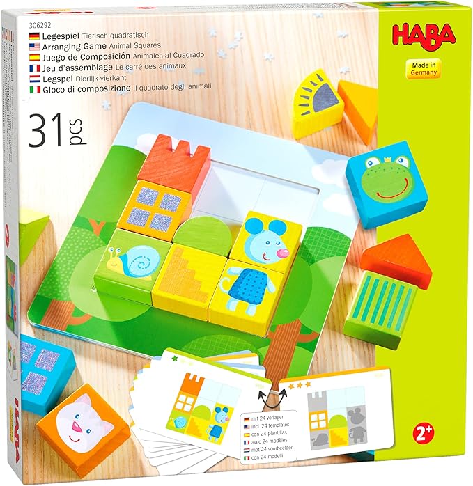 HABA Animal Squares Chunky Wooden Puzzle Building Blocks Arranging Game with Template Cards, Montessori Toys Toddler Puzzle Ages 2+ (Made in Germany)