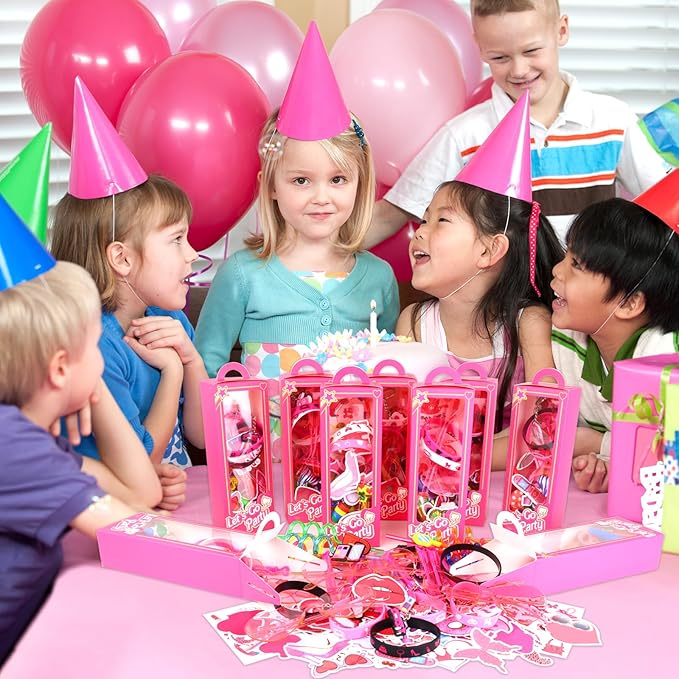 132Pcs Pink Girls Party Favors Pack, Goodie Box Stuffers Includ Heart Glasses Straws Bubble Wands Tattoo Sticker Bracelet Keychain Etc, for Kids Girls Birthday Party decoration Supplies