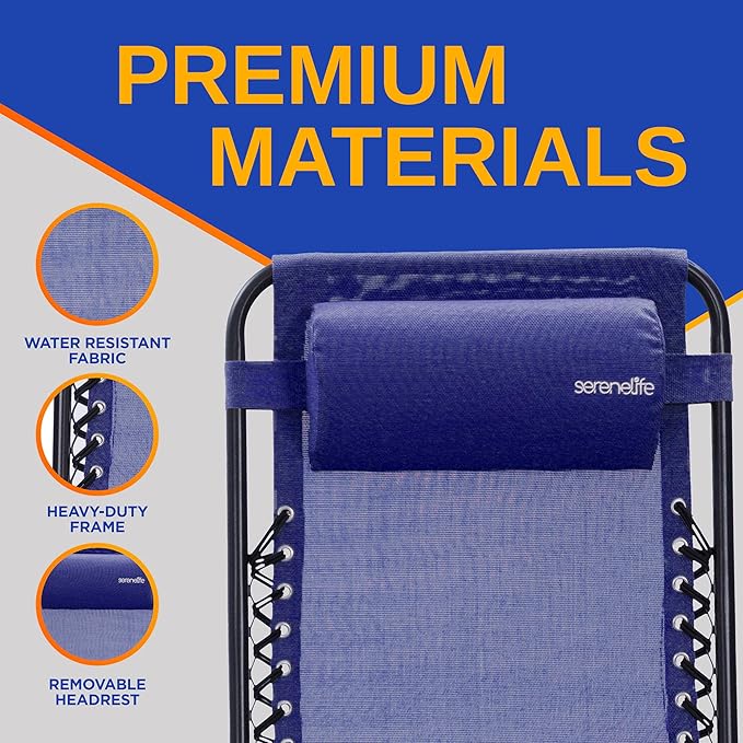 SereneLife Outdoor Zero Gravity Lounge Chair Set with Table – 2 Adjustable Recliners with Cup Holders, Headrest, Steel Frame & Foldable Design for Patio, Pool, Garden, or Camping