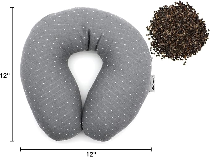 Buckwheat U-Shaped Neck Pillow Adjustable Buckwheat Hull Pillow with Pillowcase, Neck Support and Shoulder Relax Cervical Pillow (12x12 inch, Grey)