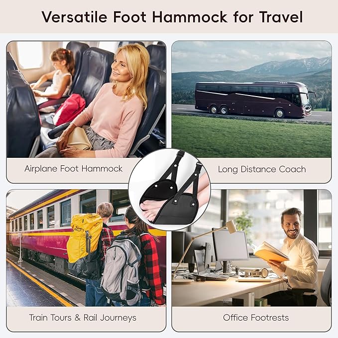 Foot Hammock for Plane Travel, Airplane Foot Hammock, Adjustable Foot Rest Sling, Airplane Gadgets Travel Essentials for Long Time Flight (Black)