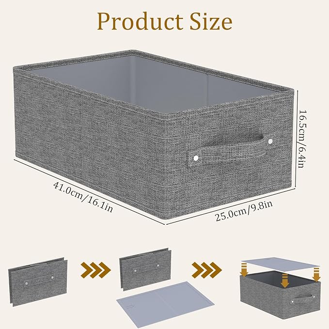 Collapsible Storage Boxes Bins, Fabric Laundry Baskets, Cube Organizer Bins for Organizing Home, Office and Closet, Grey, 3 Pack, 16.1x9.8x6.4in