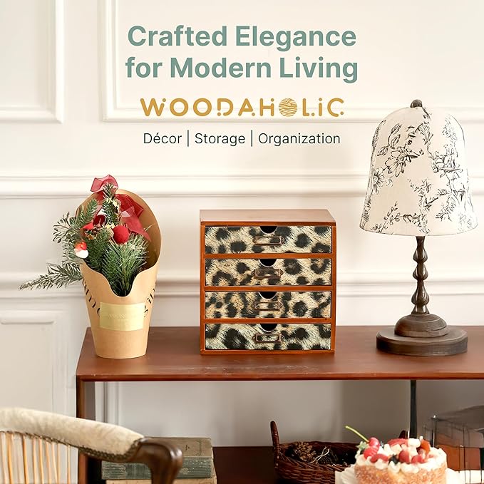 Classic Leopard Print Wooden Desk Organizer - 4-Drawer Desktop Storage - Rustic Wood Cabinet for Office Supplies, Craft Tools, & Home Organization - Luxurious Drawer Unit