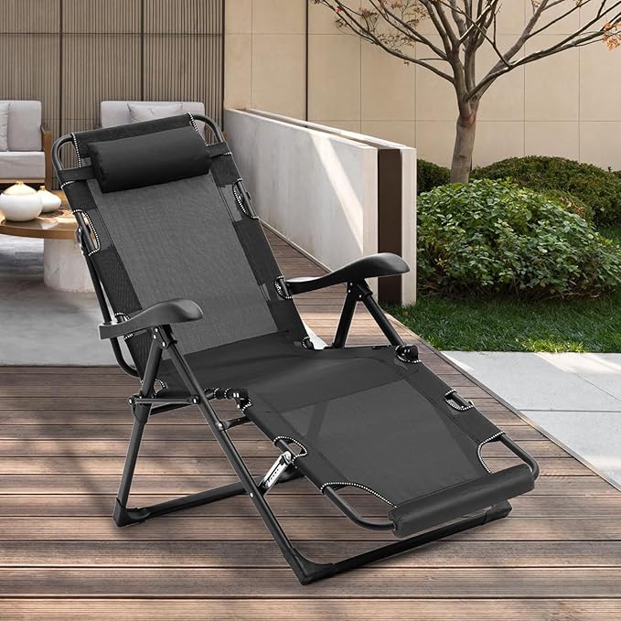 Athena Collection Zero Gravity Outdoor Lounge Chair Recliner, 27" Width Reclining Pool Lounge Lawn Chairs with Headrest Curved Armrest Foot Pad, Outdoor Chaise for Beach Patio Outside, Black