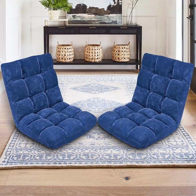 Folding Floor Chair 14-Position Cushioned Adjustable Floor Lazy Sofa Chair w/Breathable Cotton & Skin-Friendly Flannel for Adults & Kids Ideal for Reading Meditating, Navy