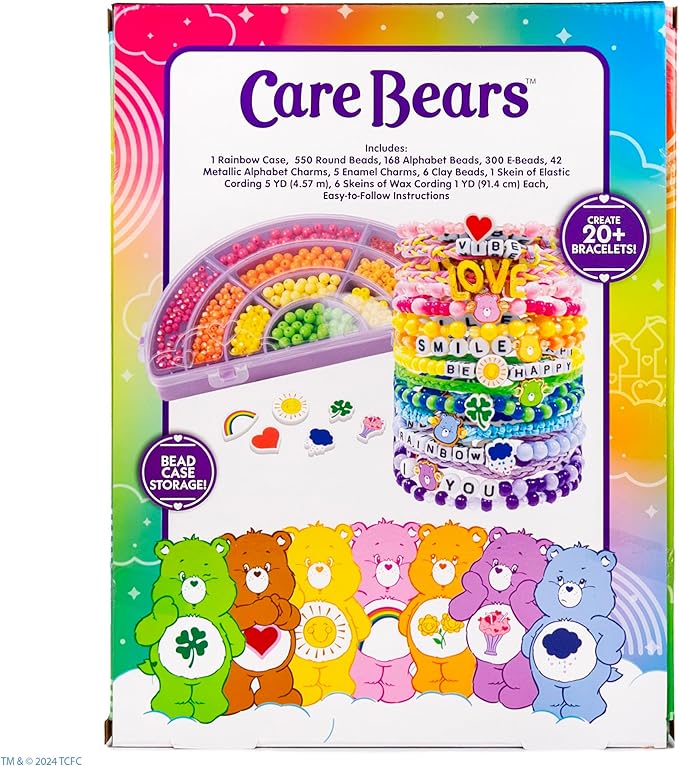Care Bears Rainbow Jewelry, Make Over 20 Bracelets With Charms & Beads for Bracelet Making, Bracelet Making Kit with Storage Case, Friendship Bracelet Kit, Girls Toys Age 6-8, Charm Bracelet Kit