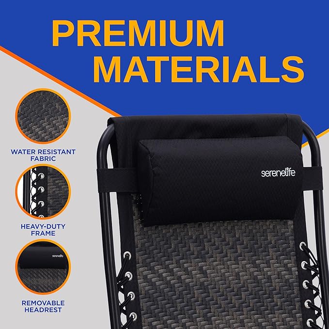 SereneLife Outdoor Zero Gravity Lawn Chair Black Adjustable Foldable Recliner with Detachable Side Table Cup Holder Padded Pillow Lightweight Patio Furniture Reclining Chair for Outdoors