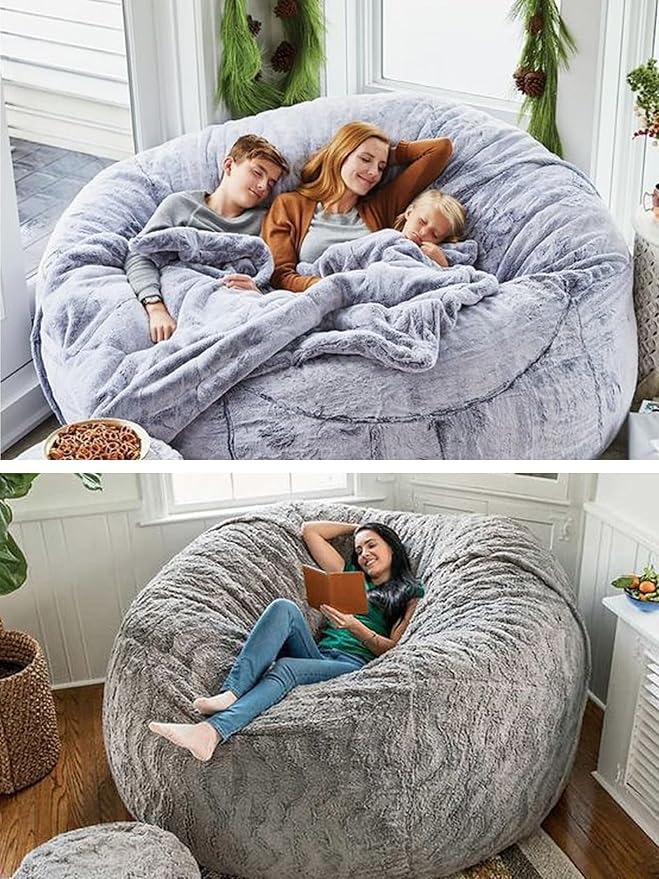 Bean Bag Chair for Adults Kids Without Filling Comfy Fluffy Round Beanbag Lazy Sofa Cover for Reading Chair Floor Chair, 3.5FT, Grey