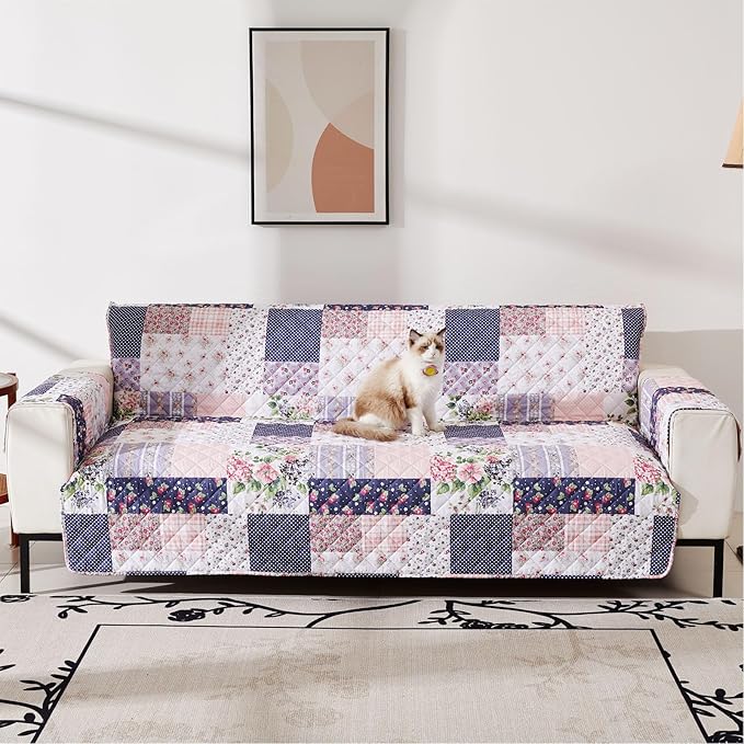 EVENHUG Sofa Cover for 3 Cushion Couch Patchwork Floral Sofa Slipcover Washable 3 seat Couch Cover Furniture Protector Cover with Elastic Straps for Pets Kids Dog Cat (Sofa,Pink&Purple)