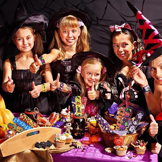 48 Pieces Halloween Slap Bracelets Bulk Party Favors for Kids - 12 Designs Spooky Snap Bands, Trick-or-Treat Goodie Bag Fillers, Classroom Prizes Accessories, Wrist Decorations Gifts Supplies
