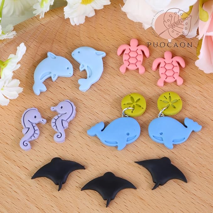 Puocaon Ocean Animal Clay Cutters - 22 Pcs Clay Cutters for Polymer Clay Jewelry, Dolphin Starfish Polymer Clay Earring Cutters, Turtle Seashell Clay Cutters for Earrings, Lobster Clay Cutters