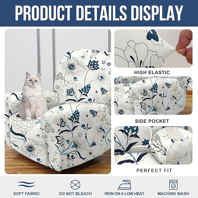 NILUOH Recliner Covers 4-Pieces Stretch Lazy Boy Recliner Chair Covers with Pocket Floral Pattern Reclining Slipcovers Soft Sofa Slipcover Furniture Protector for Pets Kids (Recliner, Pattern 31)
