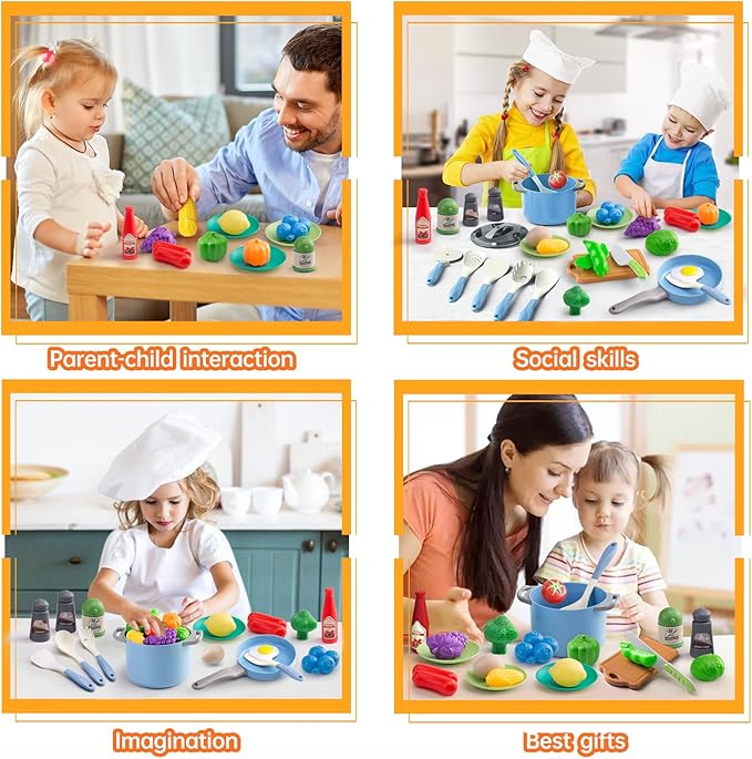 35Pcs Kids Kitchen Toy Accessories, Toddler Pretend Cooking Playset with Play Pots and Pans, Utensils Cookware Toys, Play Food Set, Toy Vegetables, Learning Gift for Girls Boys (Blue)