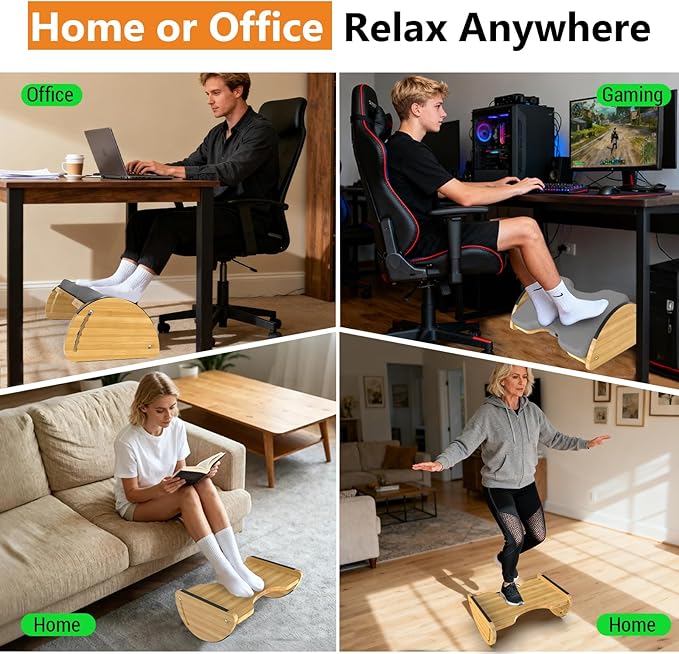 Bamboo Foot Rest for Under Desk at Work - 3-in-1 Reversible Rocking Under Desk Footrest with Foam Cushion and 6 Adjustable Heights, Ergonomic Foot Rest with Washable Cover for Home, Office and Gaming