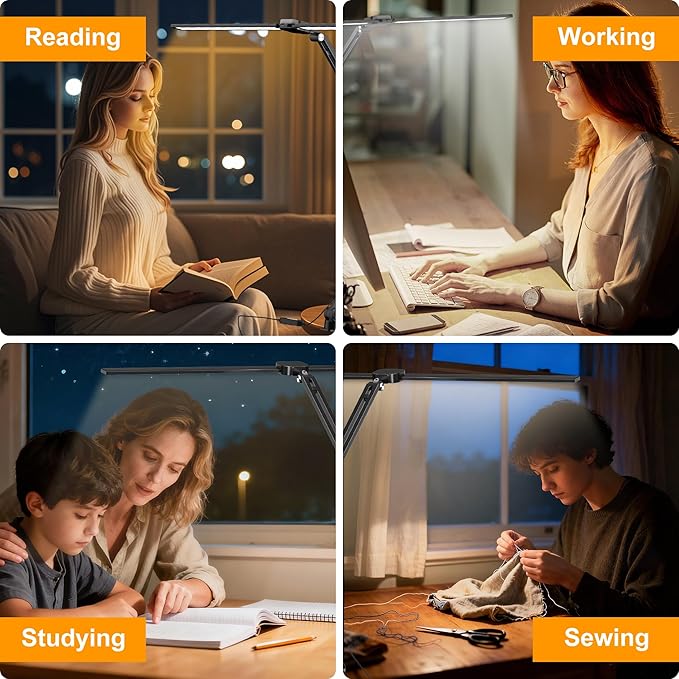 LED Desk Lamp for Office Home, 31.5" Architect Desk Light with Clamp Dual Screen Computer Monitor, 15W 5 Color X 10 Brightness Levels Desk Lamp for Reading, Study, 1000LM Bright, Memory Function
