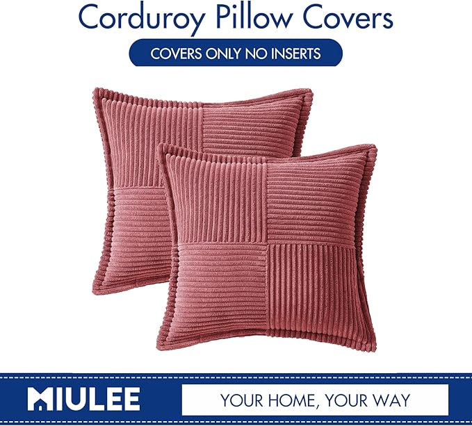 MIULEE Decorative Throw Pillow Covers for Couch Bed Livingroom 20x20 Inch Set of 2 Cranberry Red Boho Accent Throw Pllows Broadside Striped Patchwork Soft Corduroy Pillowcases