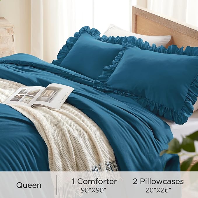Andency Teal Ruffle Comforter Queen(90x90Inch), 3 Pieces(1 Ruffled Comforter and 2 Pillowcases) Solid Farmhouse Shabby Chic Bed, Vintage Rustic Soft Microfiber Bedding Set