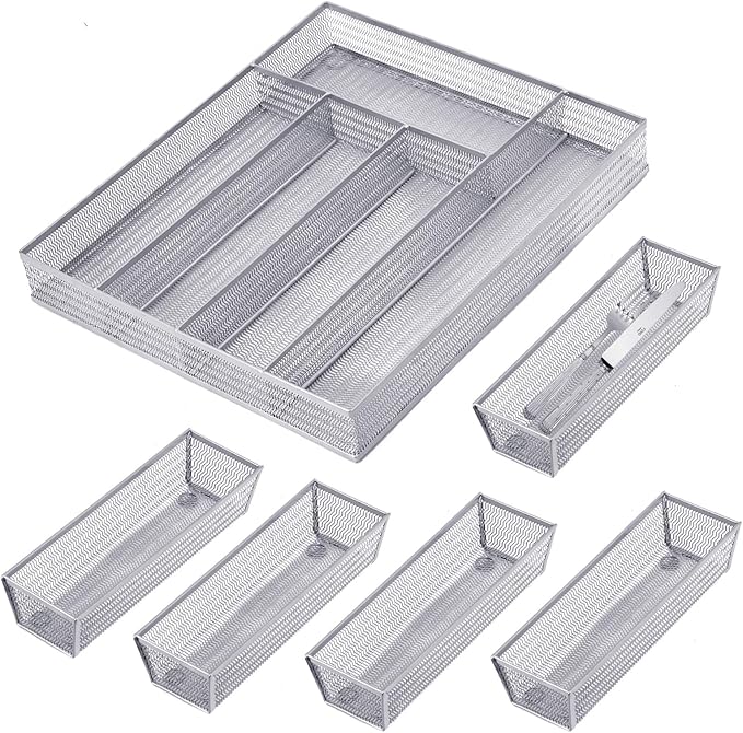 Neudeco Drawer Organizer Set 6 Pack - 5-Compartment Silverware Organizer Tray + 5 Utensil Trays, Kitchen Drawer Organizer for Flatware, Cutlery, Office Supplies, Silver Mesh, Non-Slip