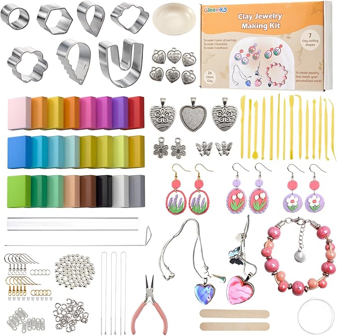 DIY Make Your Own Clay Jewelry Dish Craft Kit for Girls - Jewelry Dish Making Kit, w/24 Color Polymer Clay, 7 Circle Cutters, Rollers,212 pcs Earring Making Tools Arts and Crafts for Kids Ages 8+