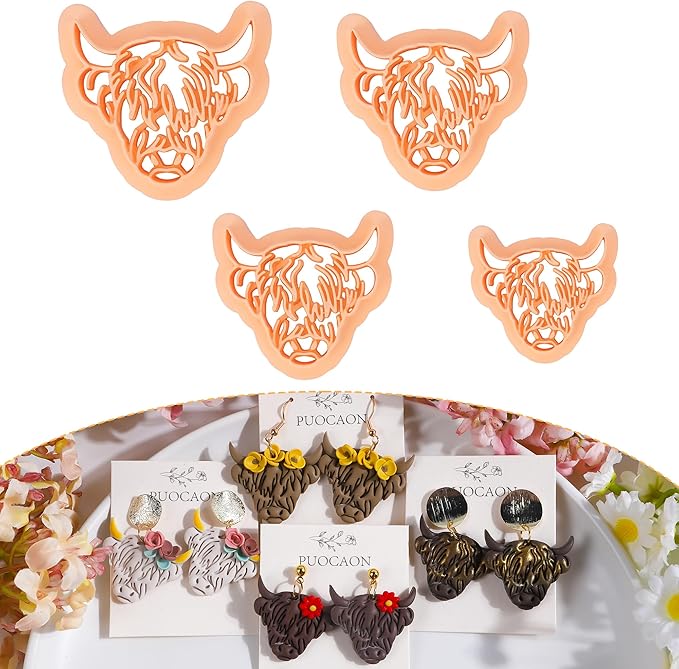 Puocaon Highland Cow Clay Cutters - 4 Pcs Clay Cutters for Polymer Clay Jewelry Making, Original Polymer Clay Jewelry Cutters, Animal Clay Earring Cutters, Scotland Cow Shape Clay Cutters Earrings