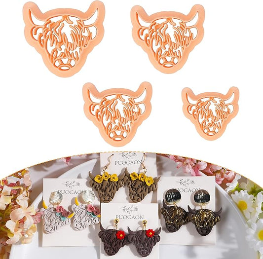 Puocaon Highland Cow Clay Cutters - 4 Pcs Clay Cutters for Polymer Clay Jewelry Making, Original Polymer Clay Jewelry Cutters, Animal Clay Earring Cutters, Scotland Cow Shape Clay Cutters Earrings