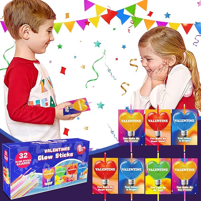 32 Pack Valentines Day Gifts For Kids,Valentines Glow Sticks Bracelets with Valentines Cards Valentines Day Gifts for Kids School Classroom Exchange Valentine's Day Party Favors Supplies