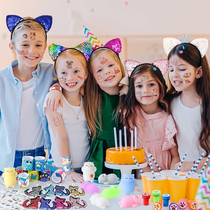 Cat Party Favors Birthday Supplies for Girl Kid Sequin Headband Squishy Toy Keychain Tattoo Sticker Stamper Slap Bracelet Goodie Bag Stuffer Pinata Cat Themed Party Favors Birthday Party Supplies