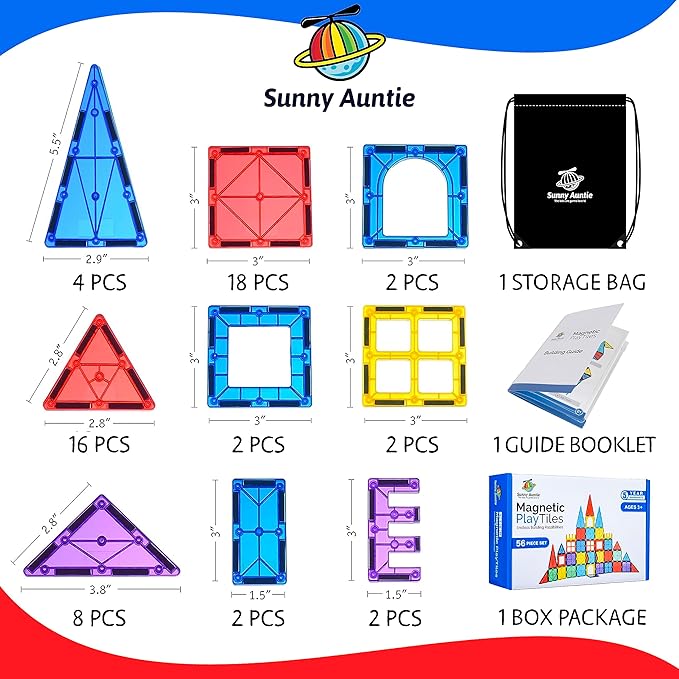 Magnetic Tiles 56 PCS, Magnetic Tiles for Kids & Toddlers Ages 3-8, Magnetic Toy for 3 4 5 6 7 8 Year Old Boys Girls Kids & Toddlers Magnetic Blocks Building Set STEM Toy, Great Gift for Kids aged 3-8
