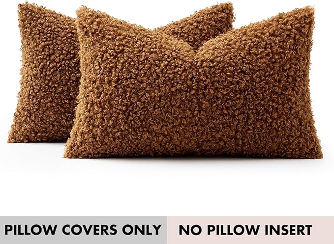 Woaboy Faux Fur Throw Pillow Covers 20x12 Inch Set of 2 Boucle Neutral Decorative Lumbar Sherpa Fuzzy Accent Soft Sheepskin Fleece Cushions Modern Home Fall Decor for Couch Bedroom Living Room,Brown