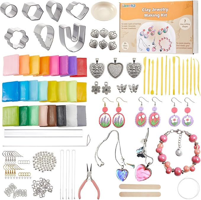 DIY Make Your Own Clay Jewelry Dish Craft Kit for Girls - Jewelry Dish Making Kit, w/24 Color Polymer Clay, 7 Circle Cutters, Rollers,212 pcs Earring Making Tools Arts and Crafts for Kids Ages 8+