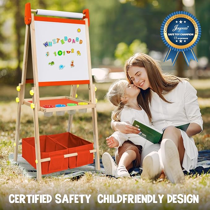 Joyooss Art Easel for Kids Easel for Toddlers, Adjustable Standing Wooden Toddler Easels Kids Magnetic Double Sided Whiteboard & Chalkboard, Art Easel for Kids Age 2-4 4-8 9-12 Toddler Art Easel Kid