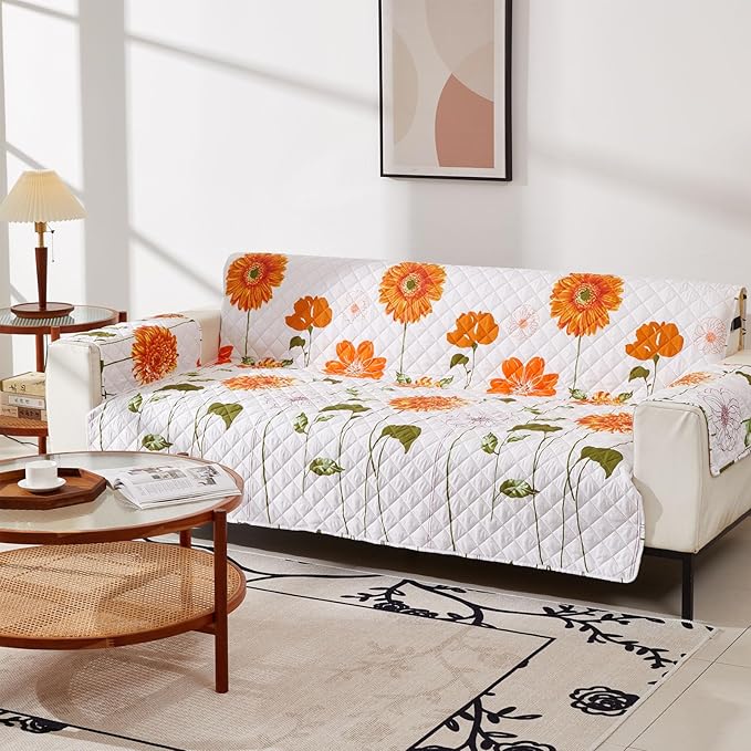 EVENHUG Sofa Cover for 3 Cushion Couch Sunflower Sofa Slipcover Washable 3 seat Couch Cover Furniture Protector Cover with Elastic Straps for Pets Kids Dog Cat (Sofa,Orange)