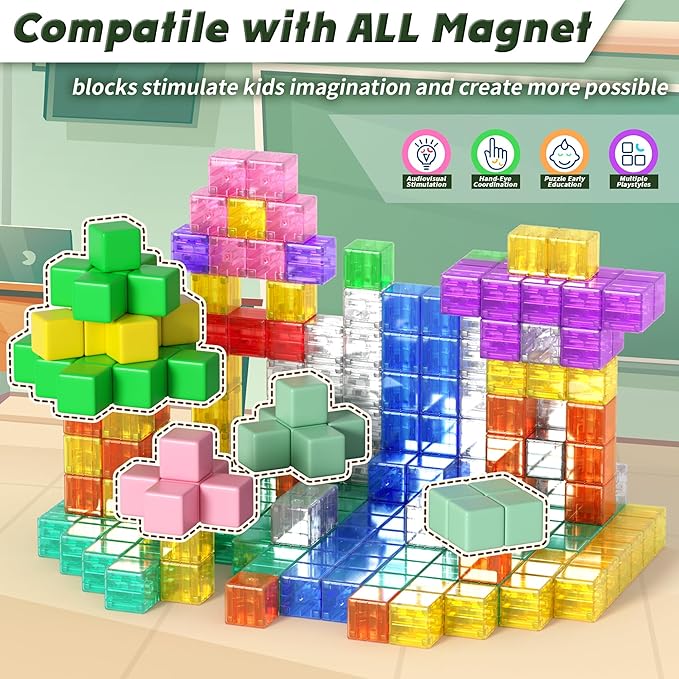 64PCS Magnetic Blocks Building Toys - Transparent Rainbow Magnetic Cubes Set, Outdoor Sensory Autism STEM Toys Gifts for Kids Aged 3+ Year Old Boys & Girls