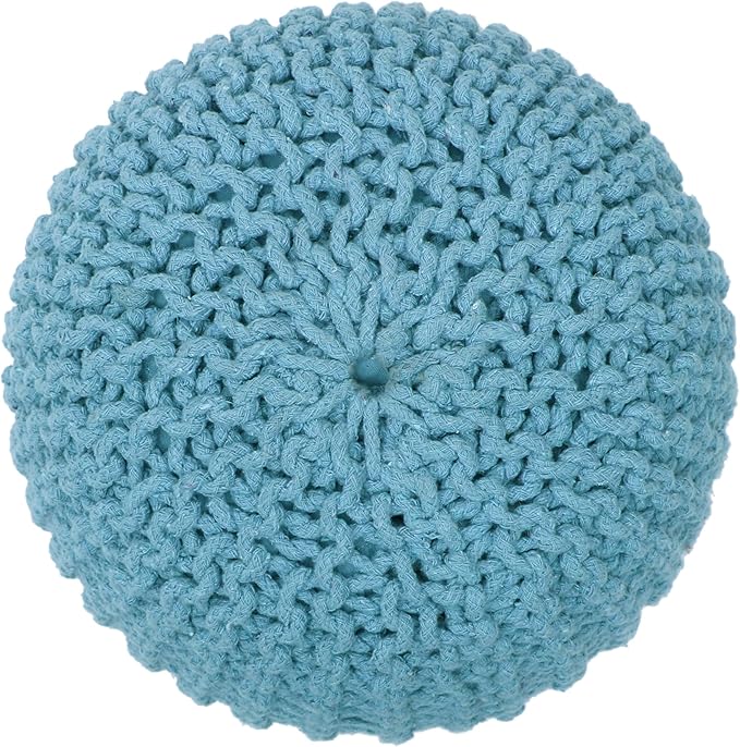 The Home Talk Ottoman Floor Poufs for Living Room Hand Knitted Foot Rest Comfortable Pouffe 100% Cotton Braid Cord Bean Bag for Armchair, Bedroom, DĂŠcor, 18"x18"x14", Turquoise
