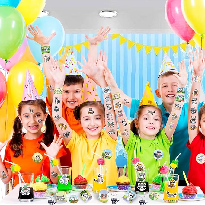 98 PCS Raccoon Party Favors, Raccoon Temporary Tattoos Slap Bracelets Keychains Stickers Badges for Woodland Raccoon Birthday Party Decorations Supplies Gifts for Kids Boys Girls Classroom Rewards