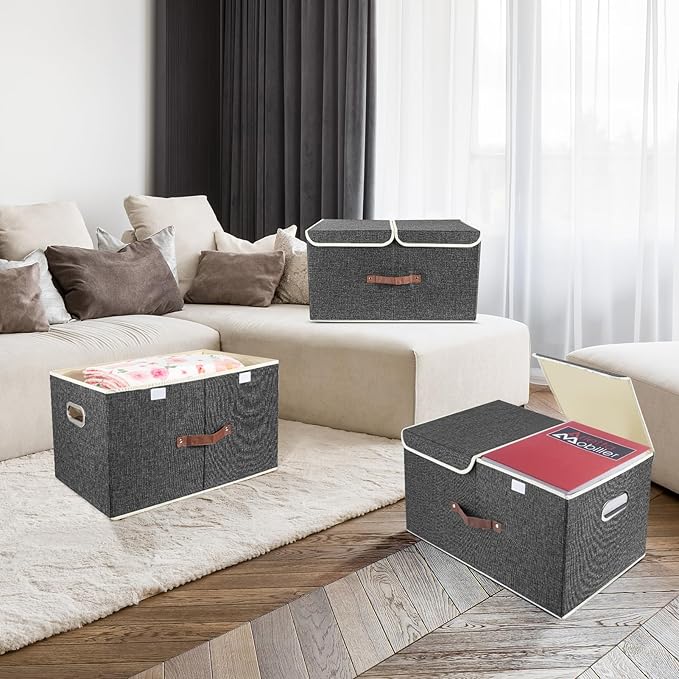 TYEERS Extra Large Collapsible Storage Bins with Lids and Compartments, Washable, Fabric Storage Boxes, 21.7x13x11.8 inches, 2 Pack, Black