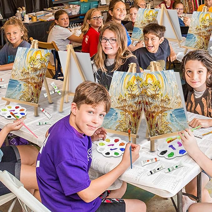 338 Pcs Art Painting Kit Supplies Set for Kids to Party - 180 Paint Brushes, 48 Acrylic Paints, 18 Wood Easels & Canvas Panels & Palettes & Aprons & Wash Pen Cup, 2 Plastic Tablecloth