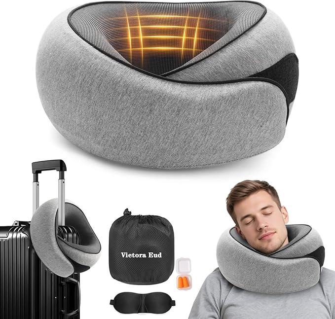Vietora Eud Travel Neck Pillow, Memory Foam Neck Support for Airplane, Car & Office, Breathable Portable Design with Eye Mask, Earplug Holder & Carry Bag, for Christmas & New Year