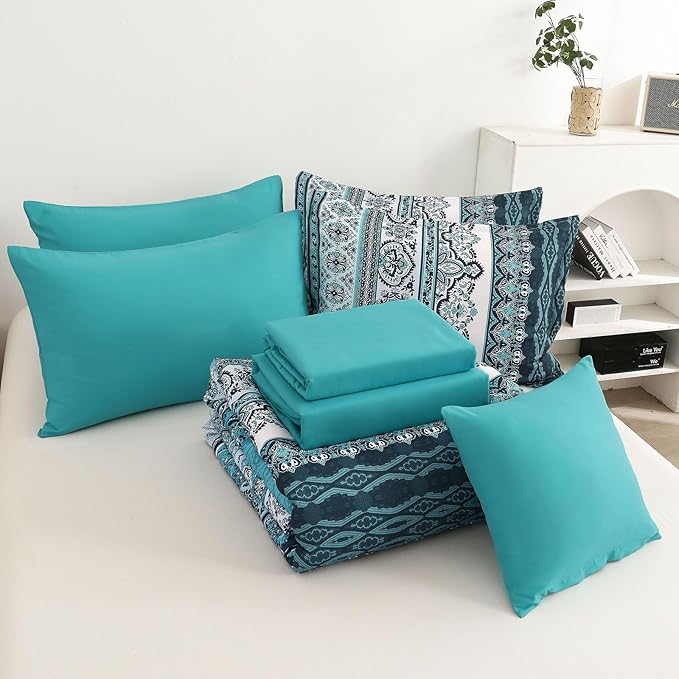 Cottolester Boho Full Size Comforter Set 8 Pieces, Teal Comforter Bohemian Striped Bed in A Bag, Soft Microfiber Bedding Set for All Seasons