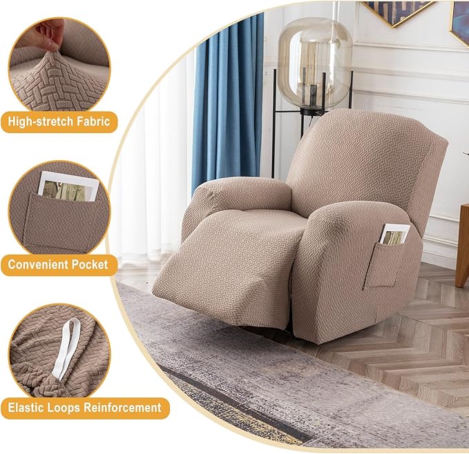 Genina Recliner Chair Covers, Stretch Reclining Chair Covers, Recliner Sofa Slipcovers Stripe Jacquard Lazy Couch Covers Furniture Protector Covers for Pet Kid (Taupe, 1 Seater)