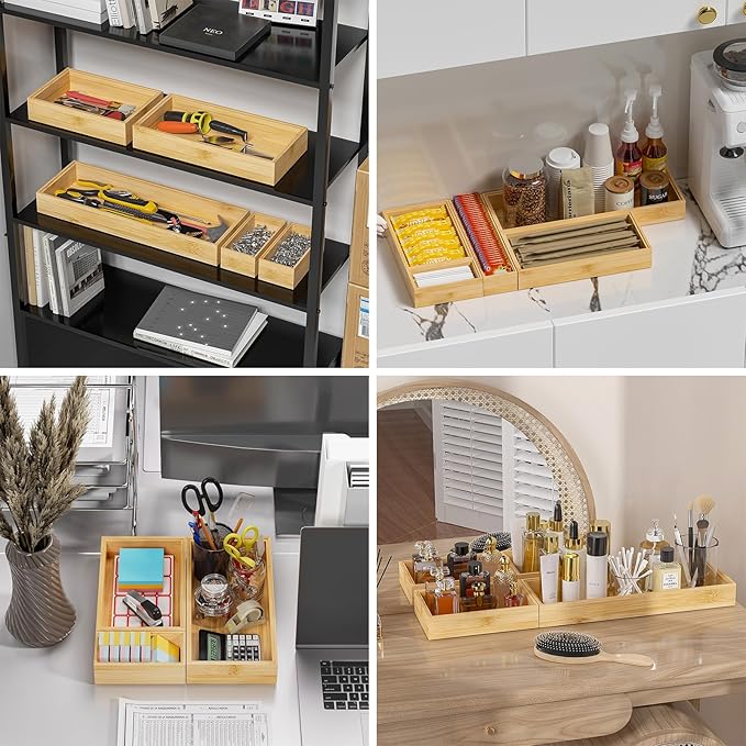 Lixple Bamboo Drawer Organizer, Small Silverware Organizer for Kitchen Drawer, Stackable Utensil Tray, 2 Pcs Flatware Organizer, Bamboo 6" x 3" x 2" (Outer), 5.3" x 2.3" x 1.77" (Inner)