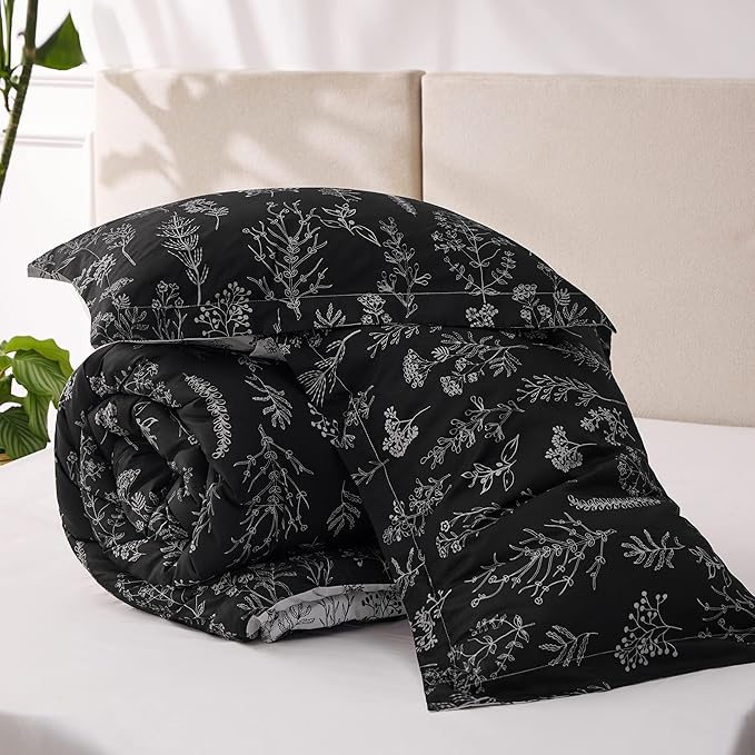 Bedsure Full Comforter Set - Black Bed Set, 3 Pieces Cute Floral Bedding, 1 Soft Reversible Botanical Flowers Comforter and 2 Pillow Shams