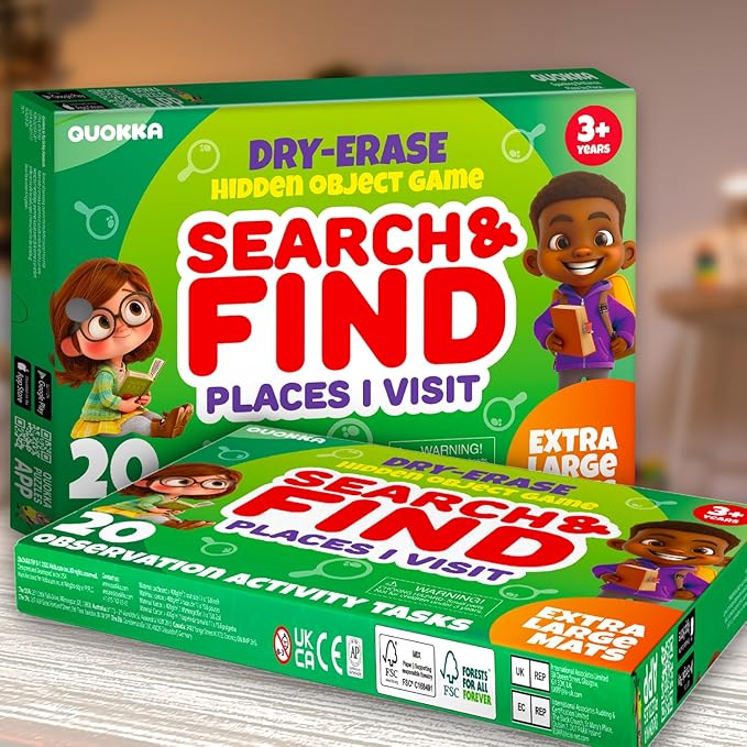 QUOKKA Busy Book Handwriting Practice for Kids - Search & Find - Activity Cards for Kids 3-8 – Reusable Mats with Dry-Erase Marker, Explore 20 Topics, Road Trip Activities, and Travel Games